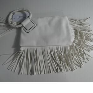 Calin Collection White Vegan Faux Leather Fringed Wristlet/Handbag Zipper NWT